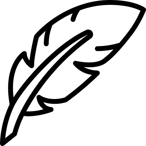 Black line drawing of a feather on a white background