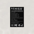 Black label with REMIGO branding and product specifications on a light gray background