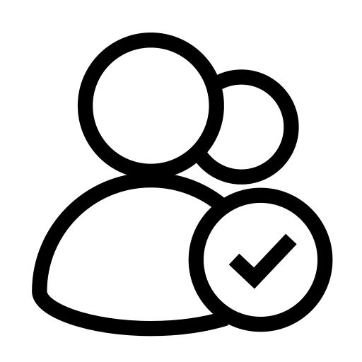 Black icon of a person with a check mark on a white background